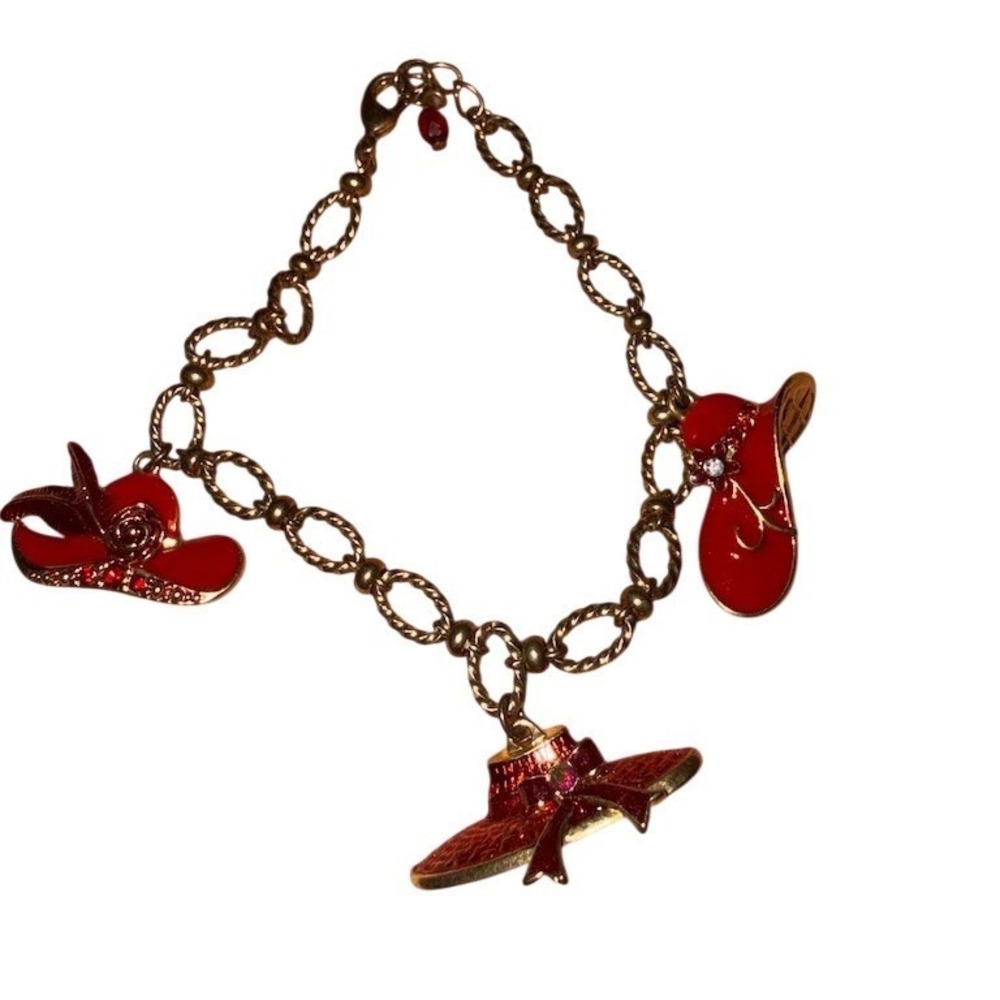 Avon Red Hat Society Charm Bracelet Multicolor Hat Charms pave‎ Rhinestones 7in